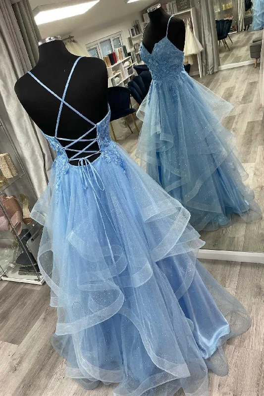 women's stretch dressesBlue Floral Appliques Lace-Up Tiered A-Line Prom Dress Y4218