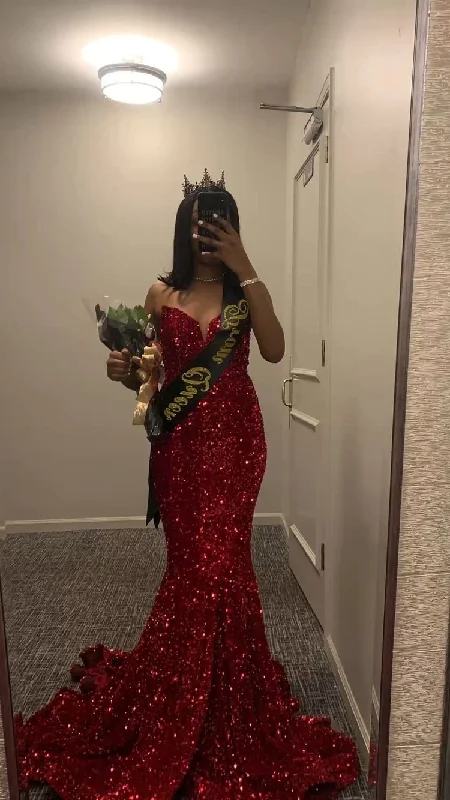 women's casual dressesRed sequin prom dress, long mermaid prom dresses Y4259