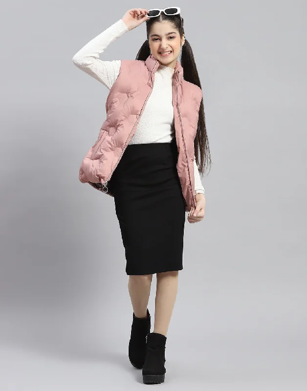 Glamour DressGirls Peach Solid Stand Collar Sleeveless Girls Jacket