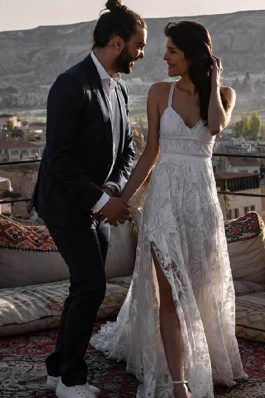 women's casual Friday dressesRoycebridal Charming Ivory Boho Lace Bohemian Long Beach Wedding Dresses Bridal Dress, MW263