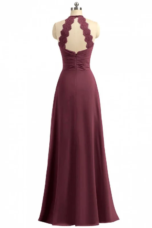 women's cotton dressesBurgundy Chiffon Halter Long Bridesmaid Dress with Lace Strap