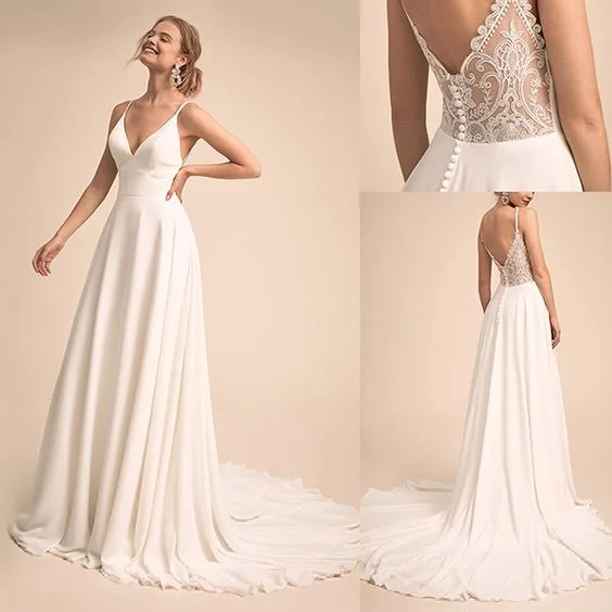 Neon DressRoycebridal Simple V Neck Spaghetti Straps Chiffon A Line Wedding Dress With Lace Back Bridal Gown 2025