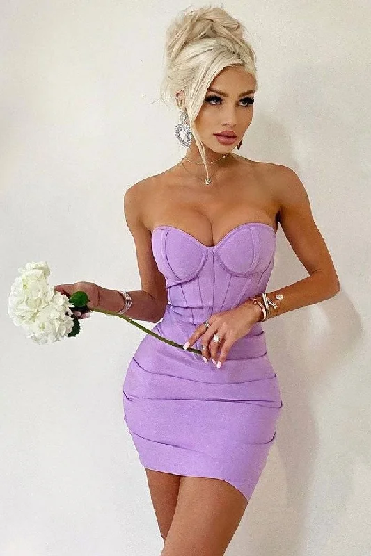 Fit-And-Flare DressSexy Sweetheart Strapless Pleated Bodycon Bandage Mini Dress - Purple