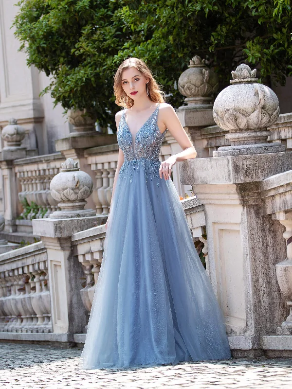 women's trendy dressesRoycebridal A-line Tulle V-neck Luxurious Sexy Formal Evening Dresses Sleeveless Floor Length