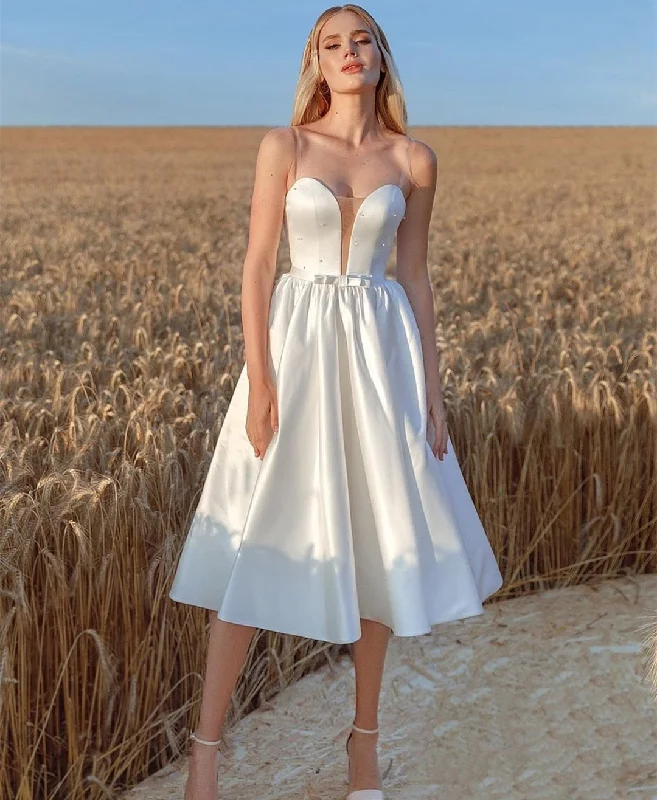 Ruffle DressRoycebridal Elegant Short Wedding Dress Robe De Mariee A-Line Knee Length Sleeveless Sweetheart For Women Lady Simple Beach White Pearls