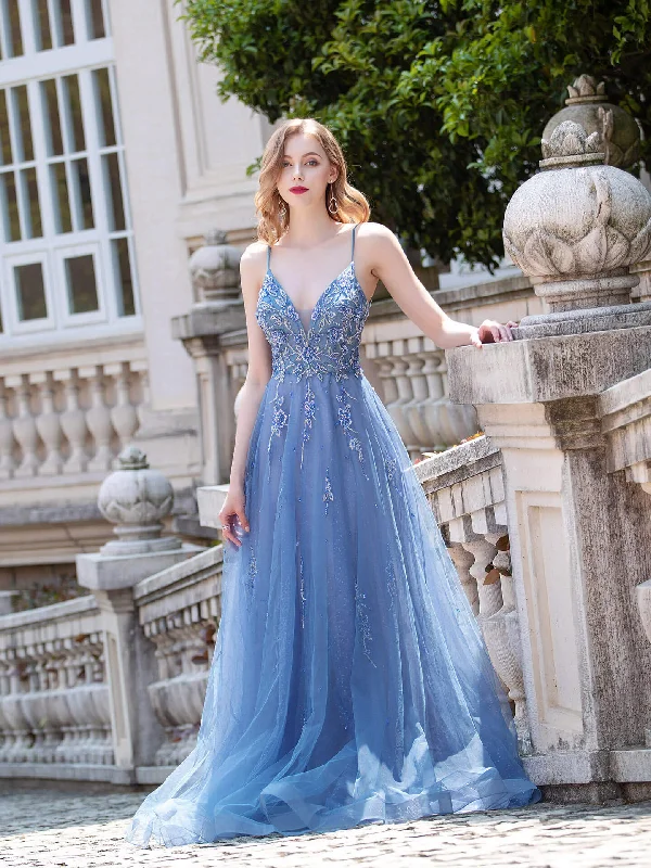 women's unique dressesRoycebridal A-line Tulle Luxurious Sexy Formal Evening Dresses Spaghetti Strap Sleeveless Floor Length