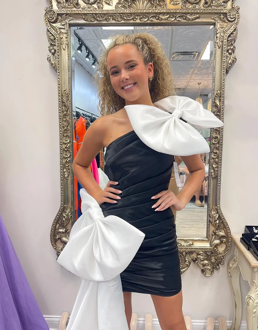 women's halter dressesBlack One Shoulder Tight Homecoming Dress with White Bows