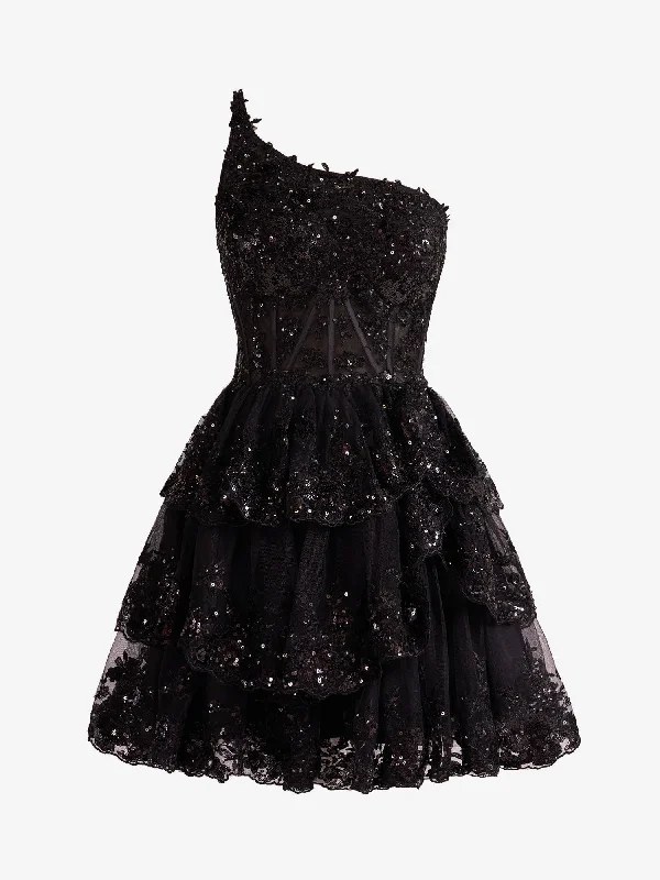women's metallic dressesEmma | Black A Line One Shoulder Navy Tiered Lace Short Homecoming Dress