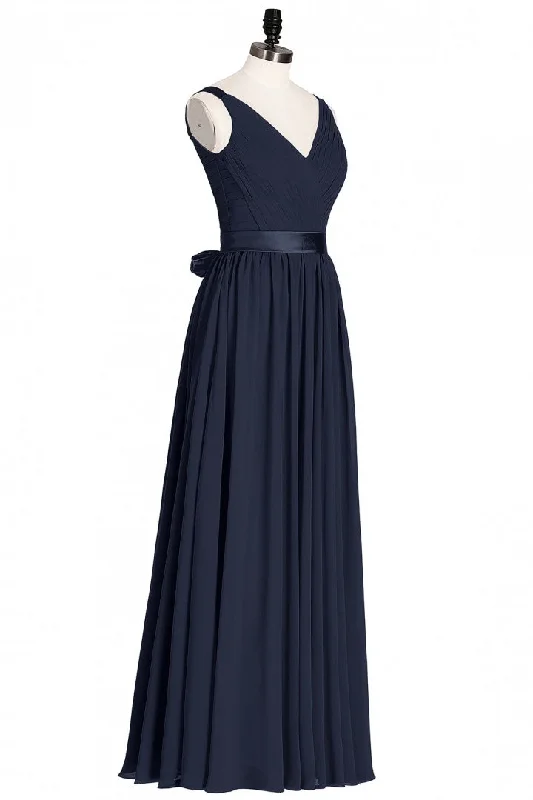 Empire DressNavy Blue V-Neck Tie-Back A-Line Long Bridesmaid Dress