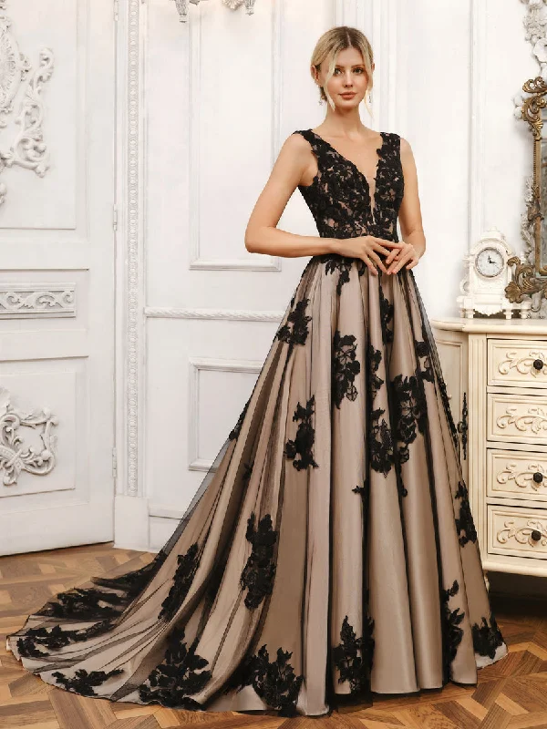 women's vacation dressesA-line V-Neck Sleeveless Tulle Long Wedding Dresses with Appliques