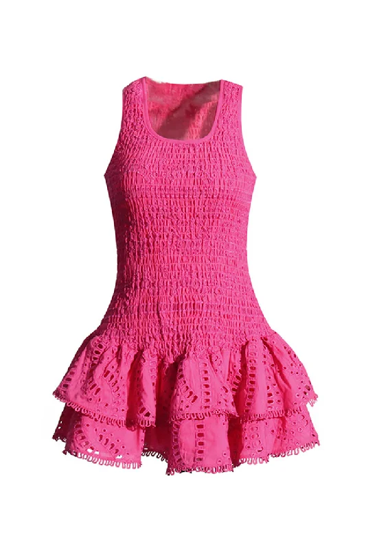 Long-Sleeve DressFlowy Scoop Neck Smocked Broderie Anglaise Tiered Ruffle Mini Sundress