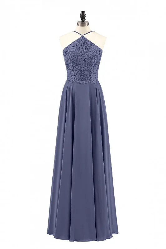 Shift DressNavy Blue Chiffon Halter Backless A-Line Long Bridesmaid Dress