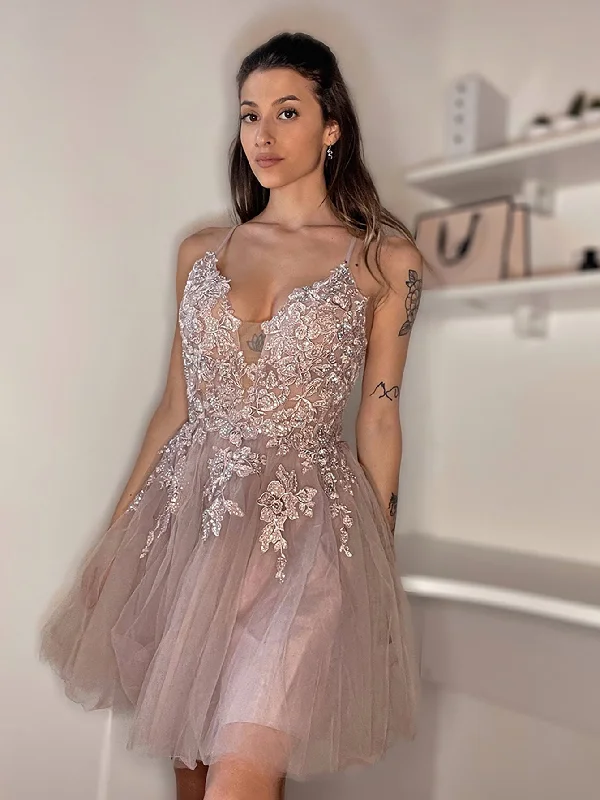 Leather DressAnya | A Line Applique BlushTulle Short Homecoming Dress