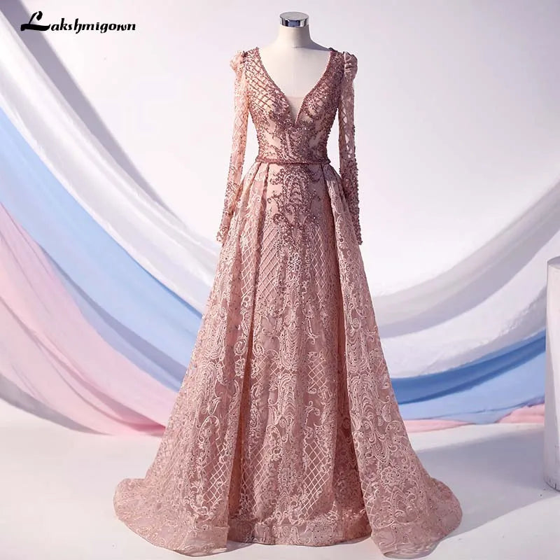 Sheath DressRoycebridal Lakshmigown Blue Handmade Flowers Design Evening Dresses 2020 Dubai Crystal Luxury V-Neck Evening Gowns  Vestido de Fiesta