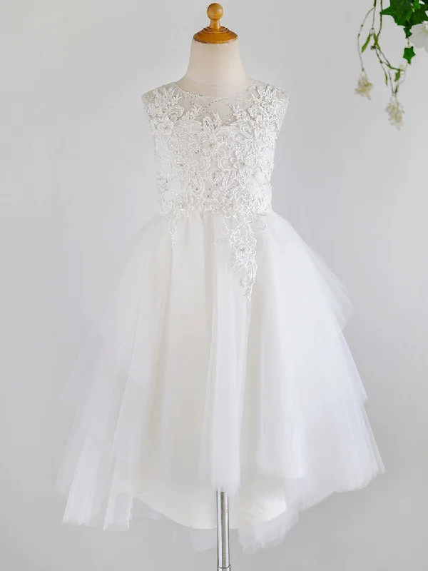 Flowy DressJewel Neck Sleeveless Pearls Kids Party Dresses