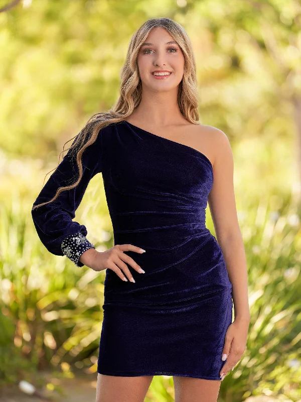 women's maternity dressesOpal | Navy Blue Sheath One-Shoulder Long Sleeve Homecoming Dress