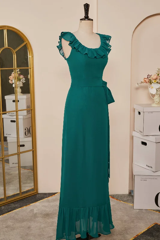 women's A-line dressesTeal Ruffled Neck A-line Long Bridesmaid Dress with Sash