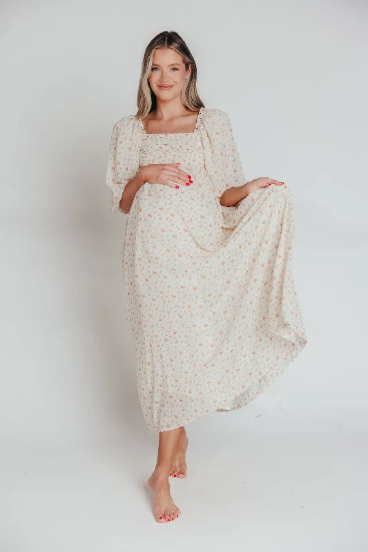 Melody Maxi Dress with Pleats and Bow Detail in Ivory Floral- Bump Friendly & Inclusive Sizing (S-3XL)