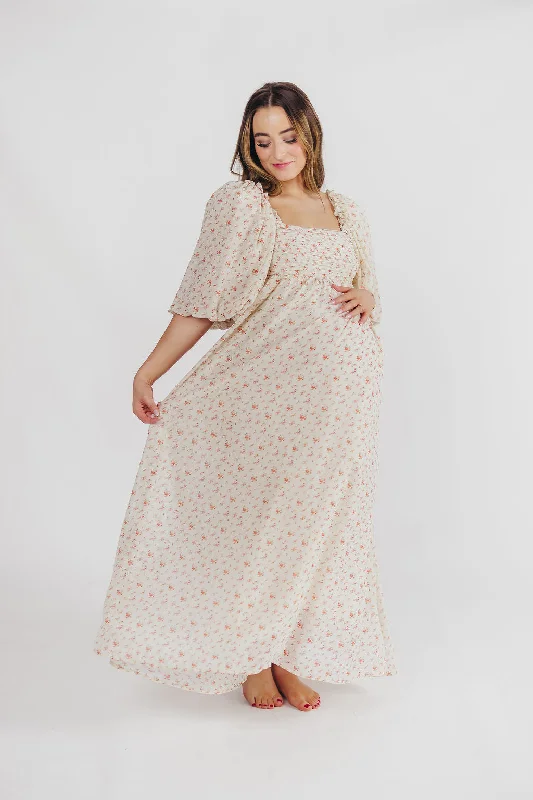 Melody Maxi Dress with Pleats and Bow Detail in Ivory Floral- Bump Friendly & Inclusive Sizing (S-3XL)