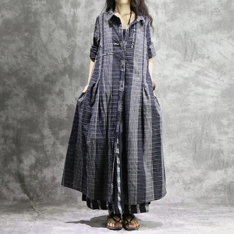 Elegant gray Plaid overcoat plus size clothing maxi coat Turn-down Collar pockets women coats