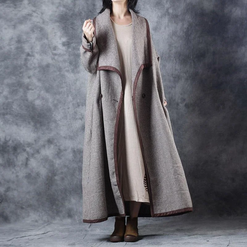 Fashion Plaid Maxi Coat Plus Size Clothing Turn-down Collar Maxi Coat Elegant Double Breasted Trench Coat