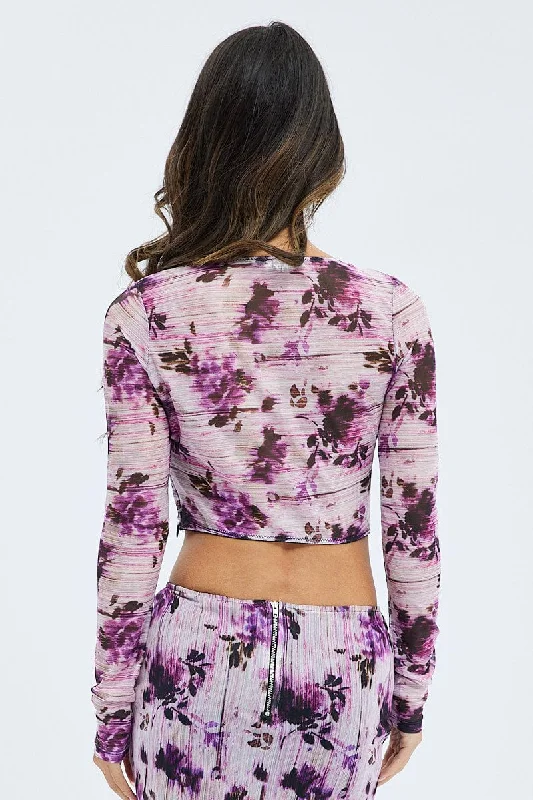 Purple Floral Corset Top Long Sleeve Crop